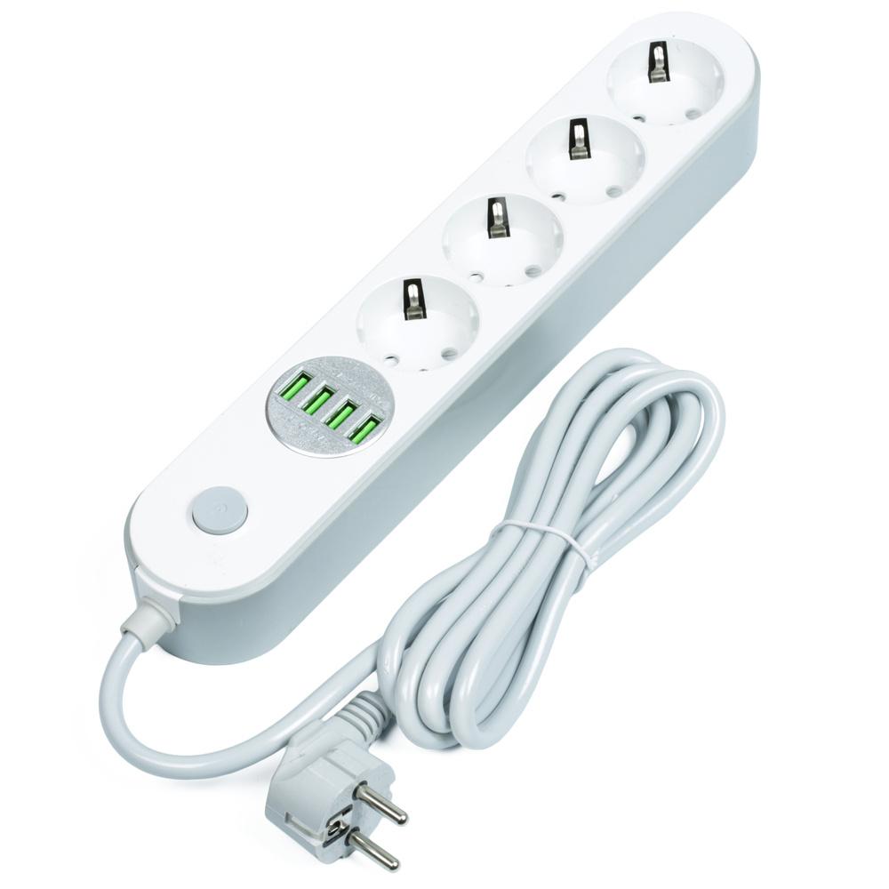 LED21 Prodlužovací SMART kabel - šňůra 1.8m se 4 síťovými a 4 USB zásuvkami, vypínač, bílý